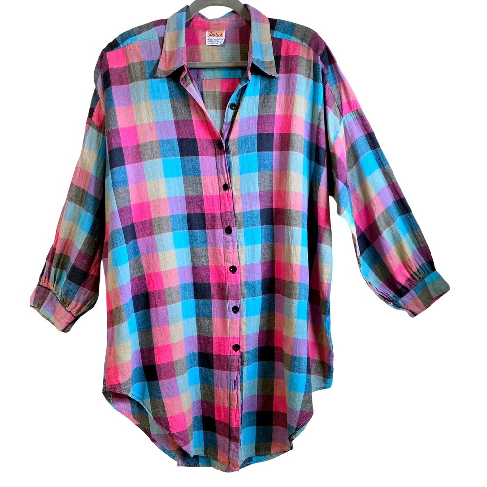 Vintage 80's Indus Cotton Plaid Button Down Shirt Pink Blue Oversized Large